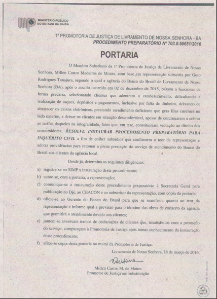 LIVRAMENTO: MINISTÉRIO PÚBLICO INSTAUROU PROCEDIMENTO PREPARATÓRIO DE INQUÉRITO CIVIL PARA APURAR ATENDIMENTO DA AGÊNCIA DO BANCO DO BRASIL