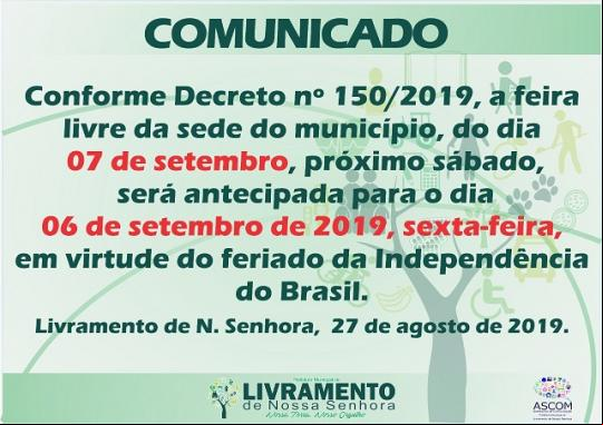 LIVRAMENTO: FEIRA LIVRE FOI ANTECIPADA PARA SEXTA-FEIRA 06/09