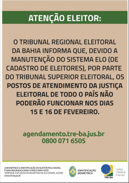 ATENÇÃO ELEITOR: POSTOS DA JUSTIÇA ELEITORAL NÃO ATENDERÃO DIAS 15 E 16 DE FEVEREIRO